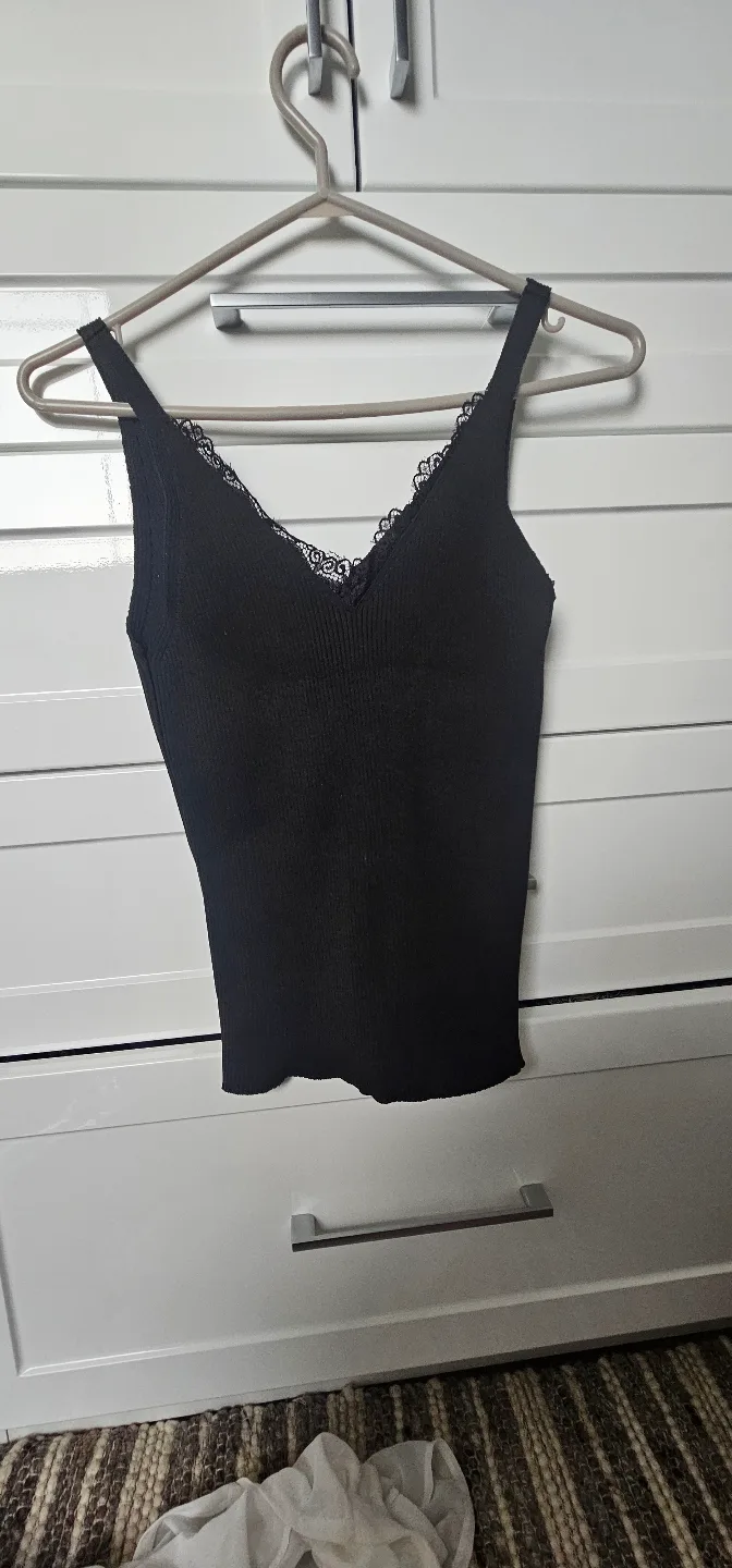 Black Ribbed Knit Tank Top with Lace Detail thumbnail