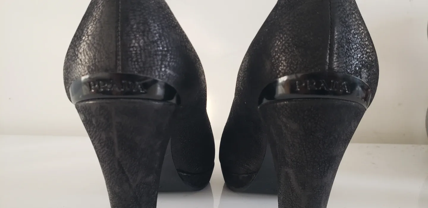 Prada Suede Leather Black Heels w Metal Heelplate Detail image indicator(4)