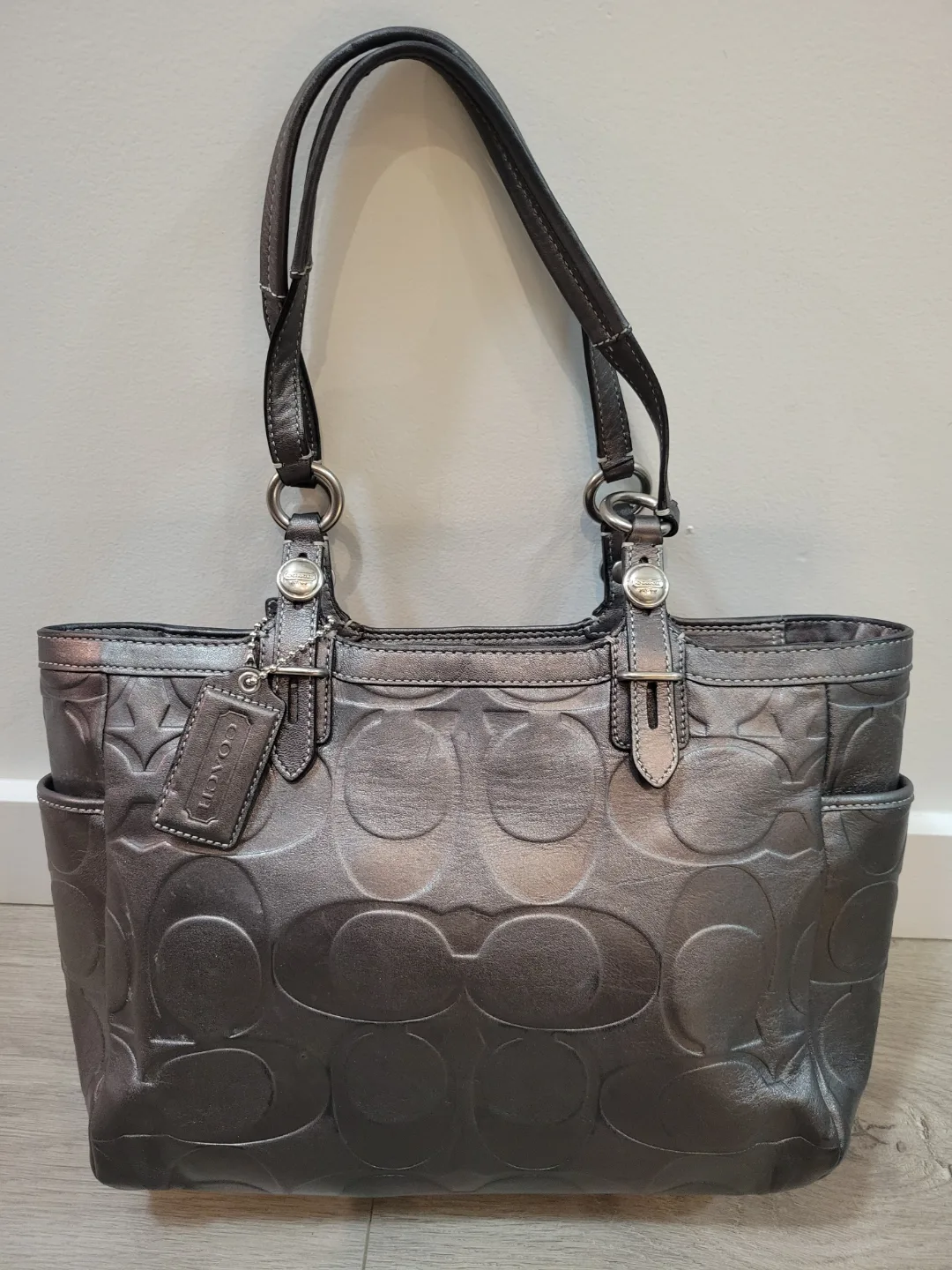 Coach Metallic Grey Leather Tote Bag thumbnail