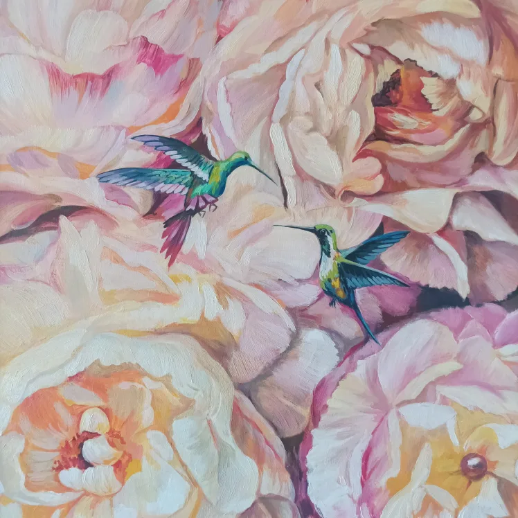 Original Oil Painting - Hummingbirds and Peonies image indicator(3)