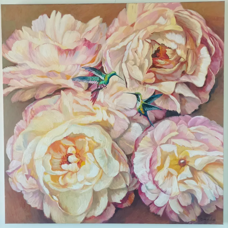 Original Oil Painting - Hummingbirds and Peonies image indicator(10)