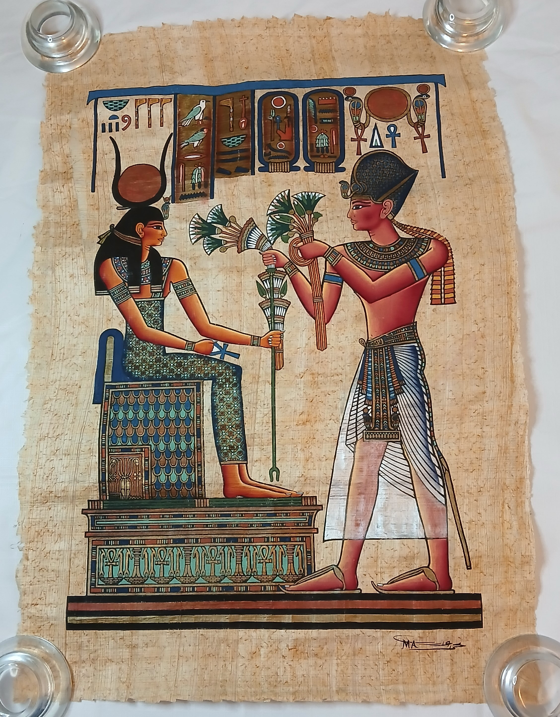 Vintage Papyrus - Ramses II Offering Lotus Flowers to Isis
