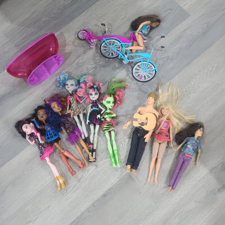 Monster High & Barbie Dolls, Bicycle & Bowl Playset