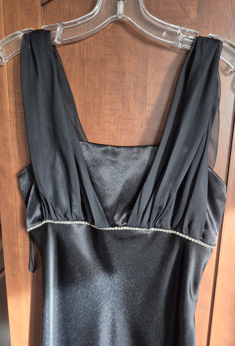 Black Satin Evening Dress with Chiffon Overlay - photo 2