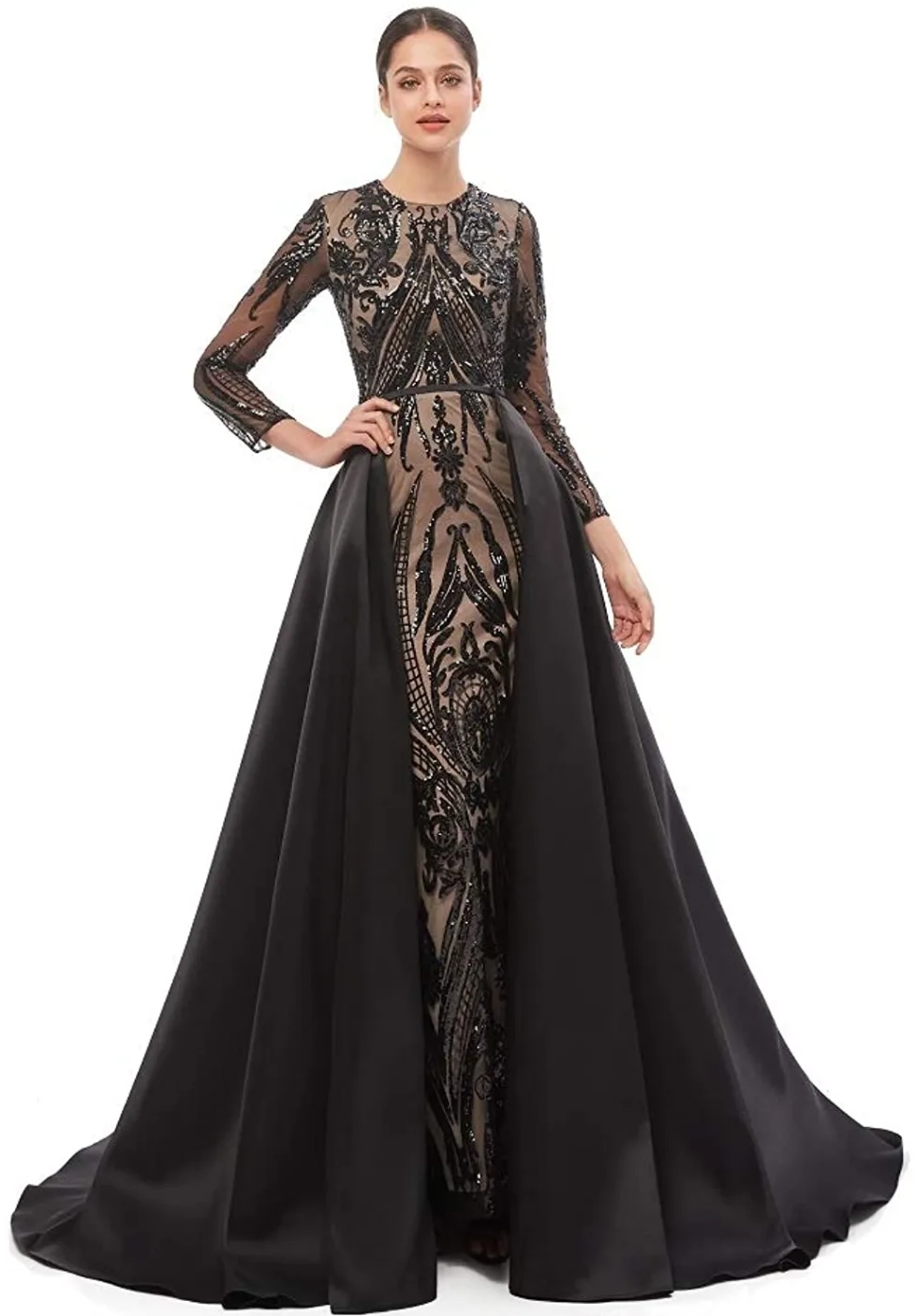 Elegant Black Sequin & Satin Evening Gown thumbnail