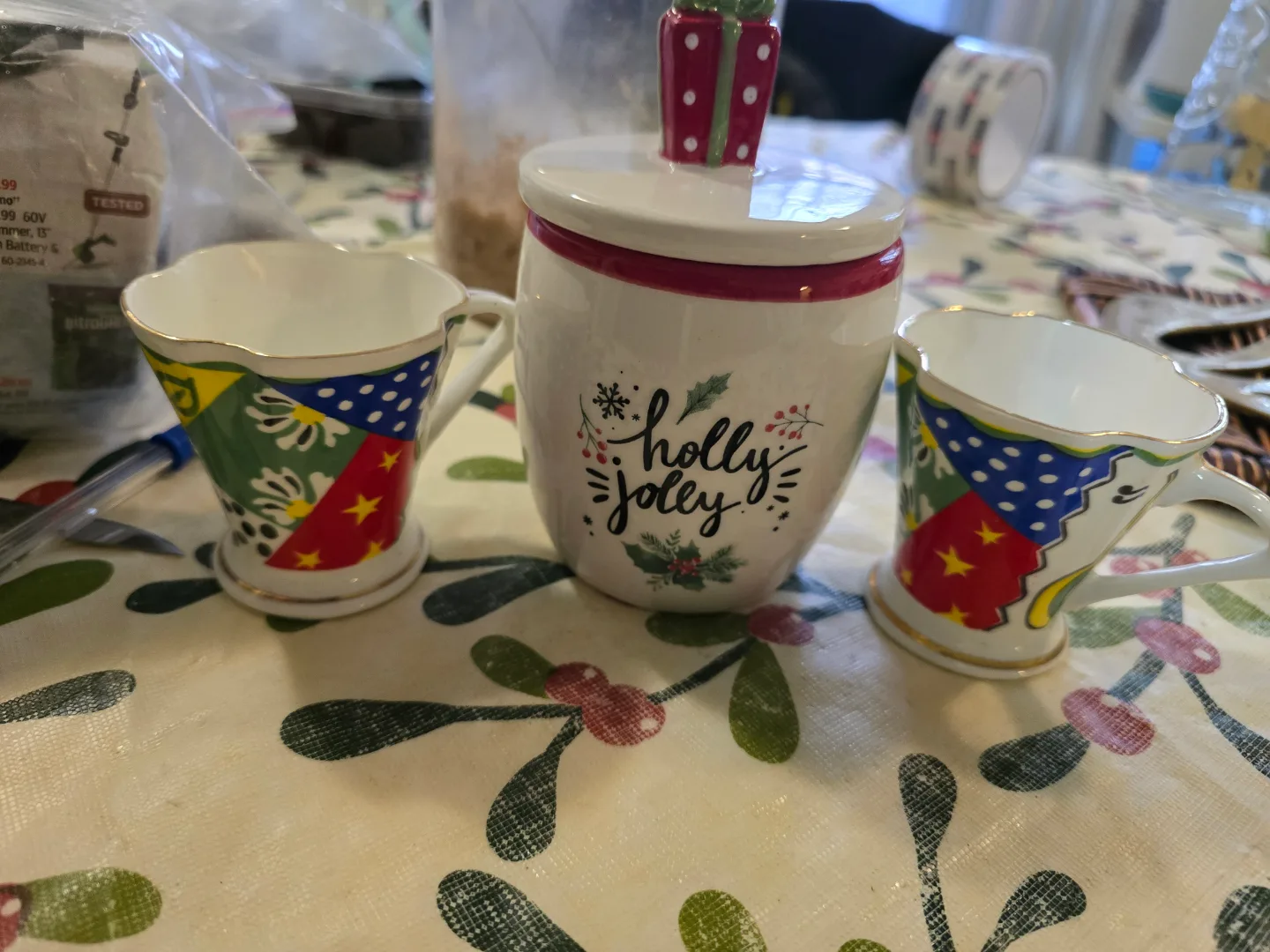 Holly Jolly Christmas 2 spresso cups & sugar set thumbnail