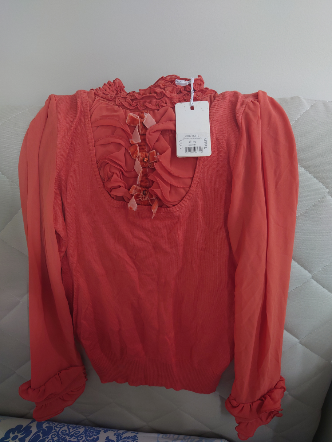 Women's Coral Mock Neck Blouse with sheer sleeves