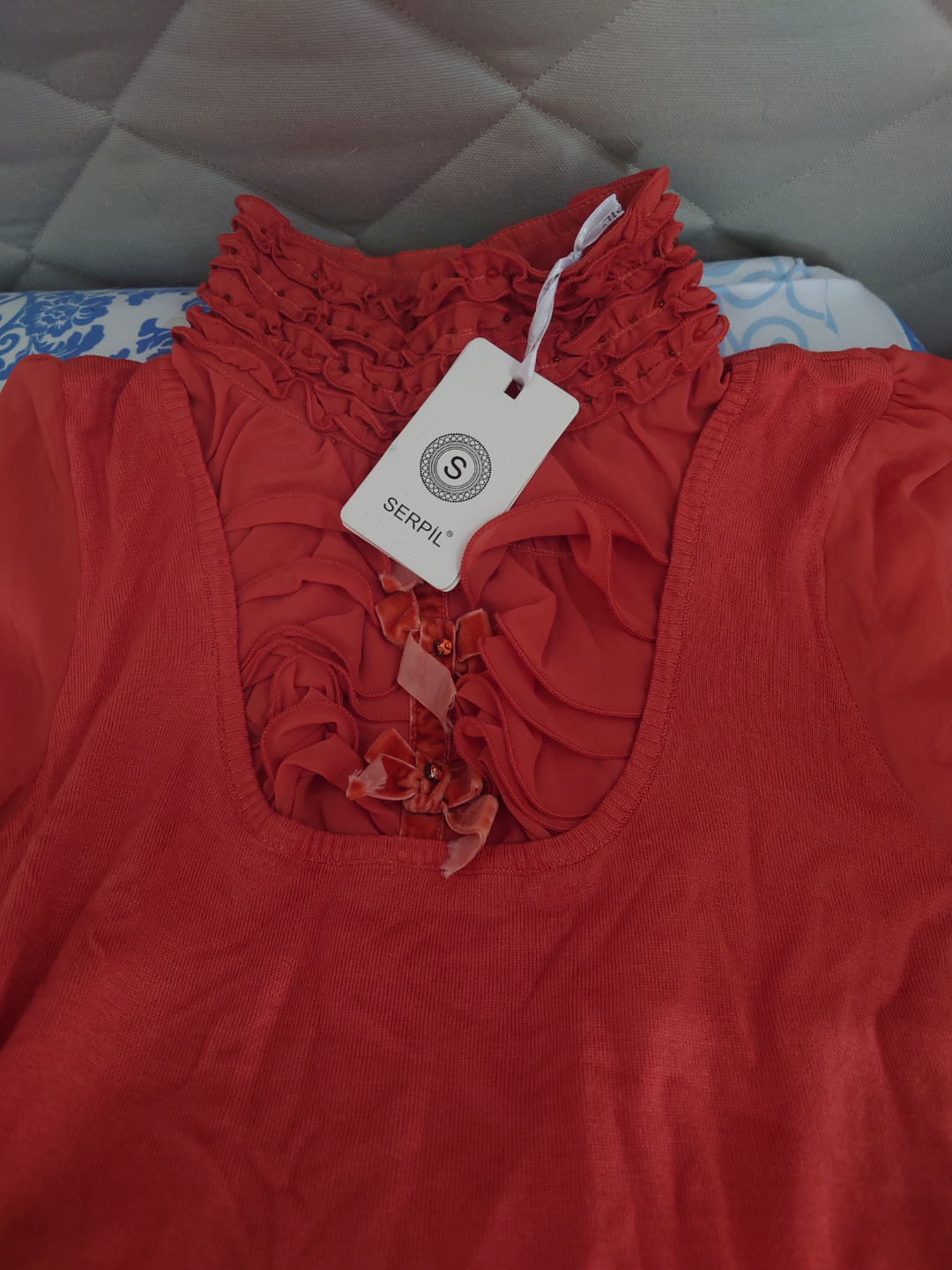 Women's Coral Mock Neck Blouse with sheer sleeves - photo 2