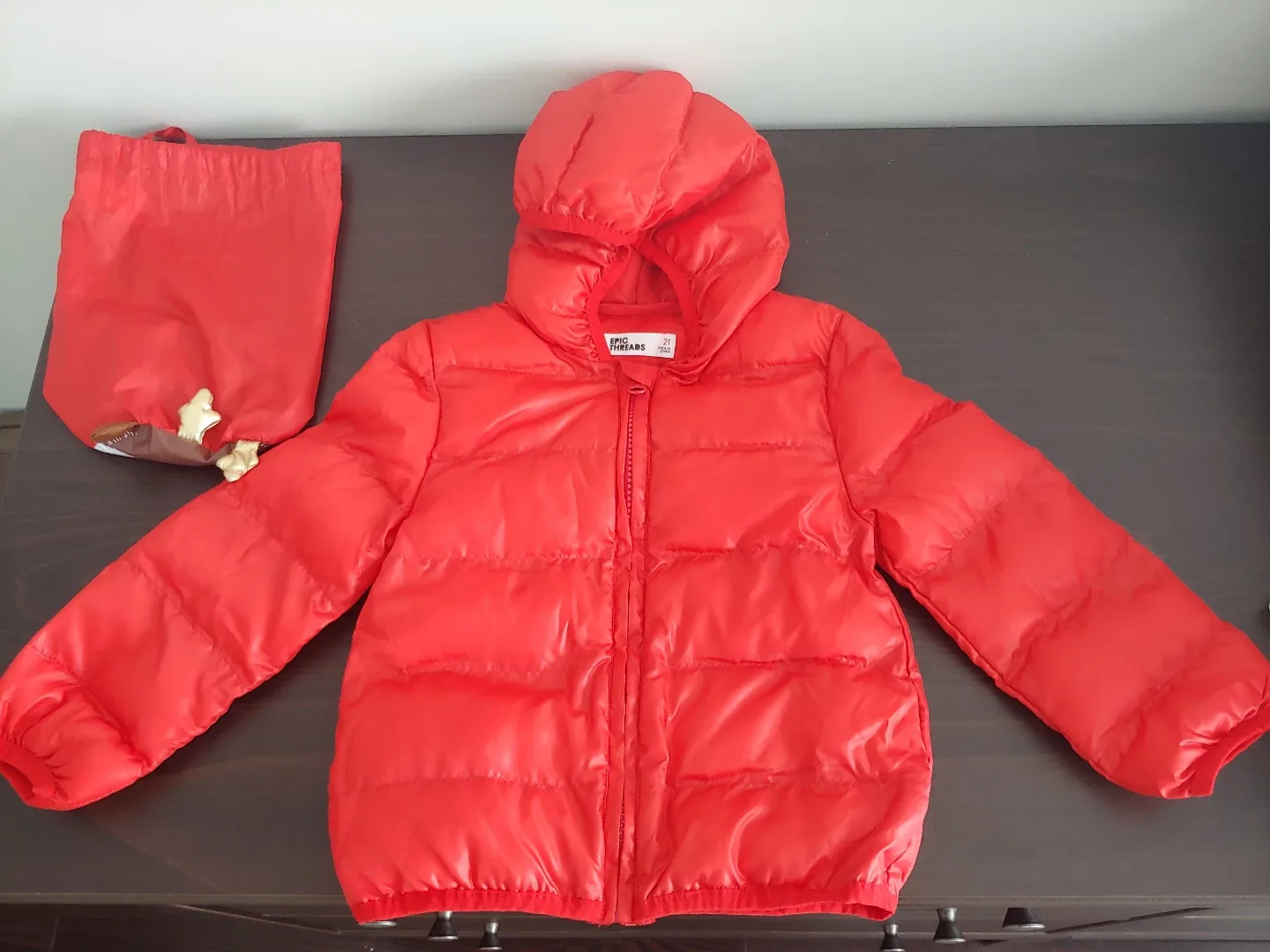 New Epic Threads Red Puffer Jacket with drawstring bag- Size 2T thumbnail