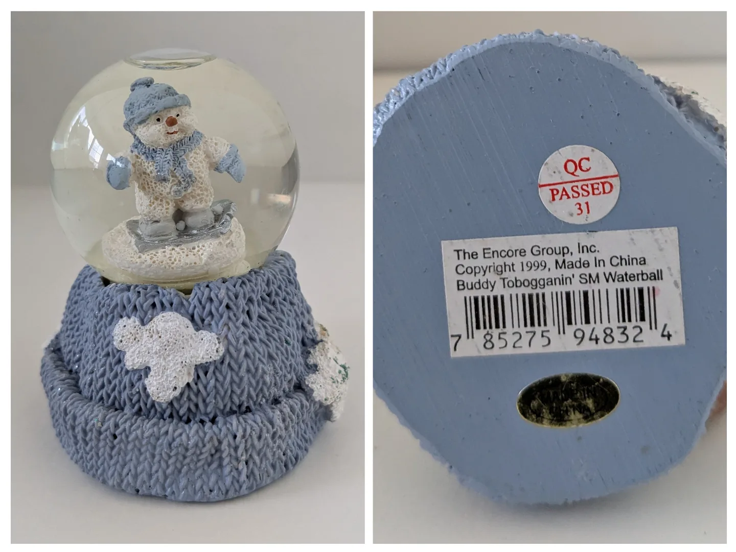 Vintage 2000 Encore Snow Buddy Tobogganing Water Ball Snow Globe thumbnail