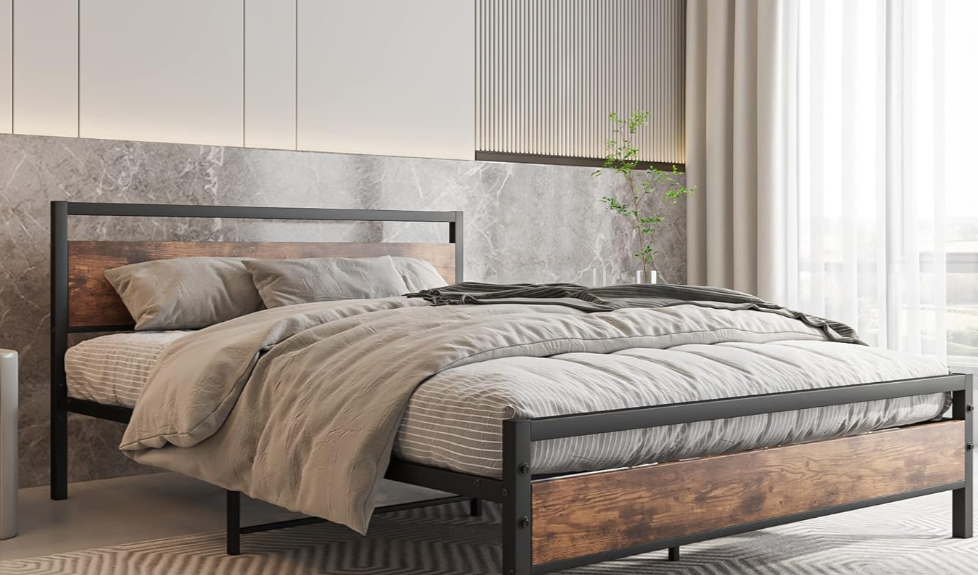 Queen Metal Bed Frame with Wooden Headboard - photo 2