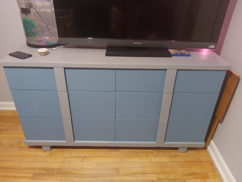 Upcycled six-drawer dresser, light blue and grey