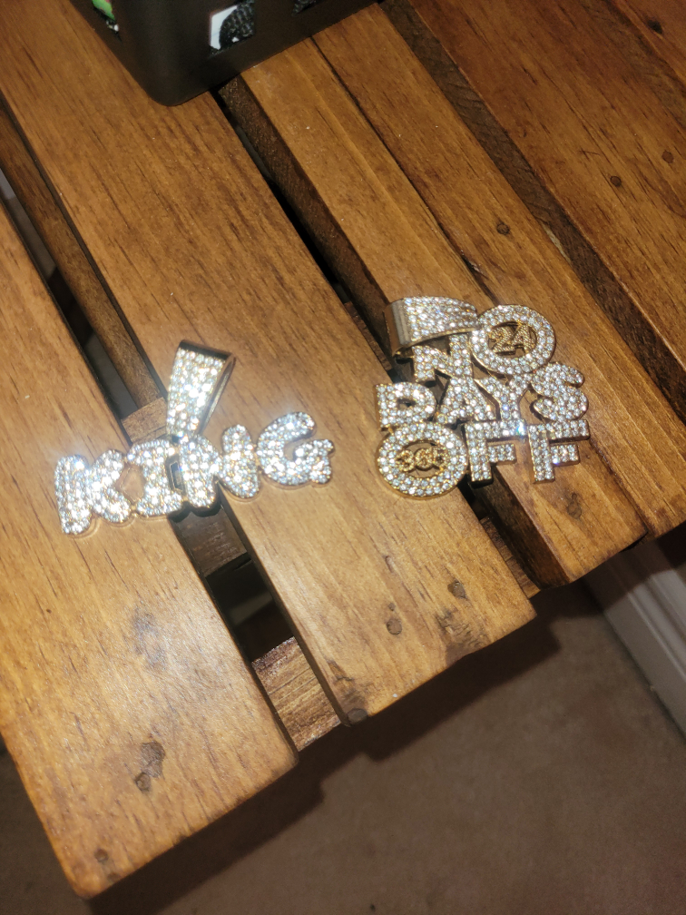 Gold Iced-Out King & No Days Off Pendants