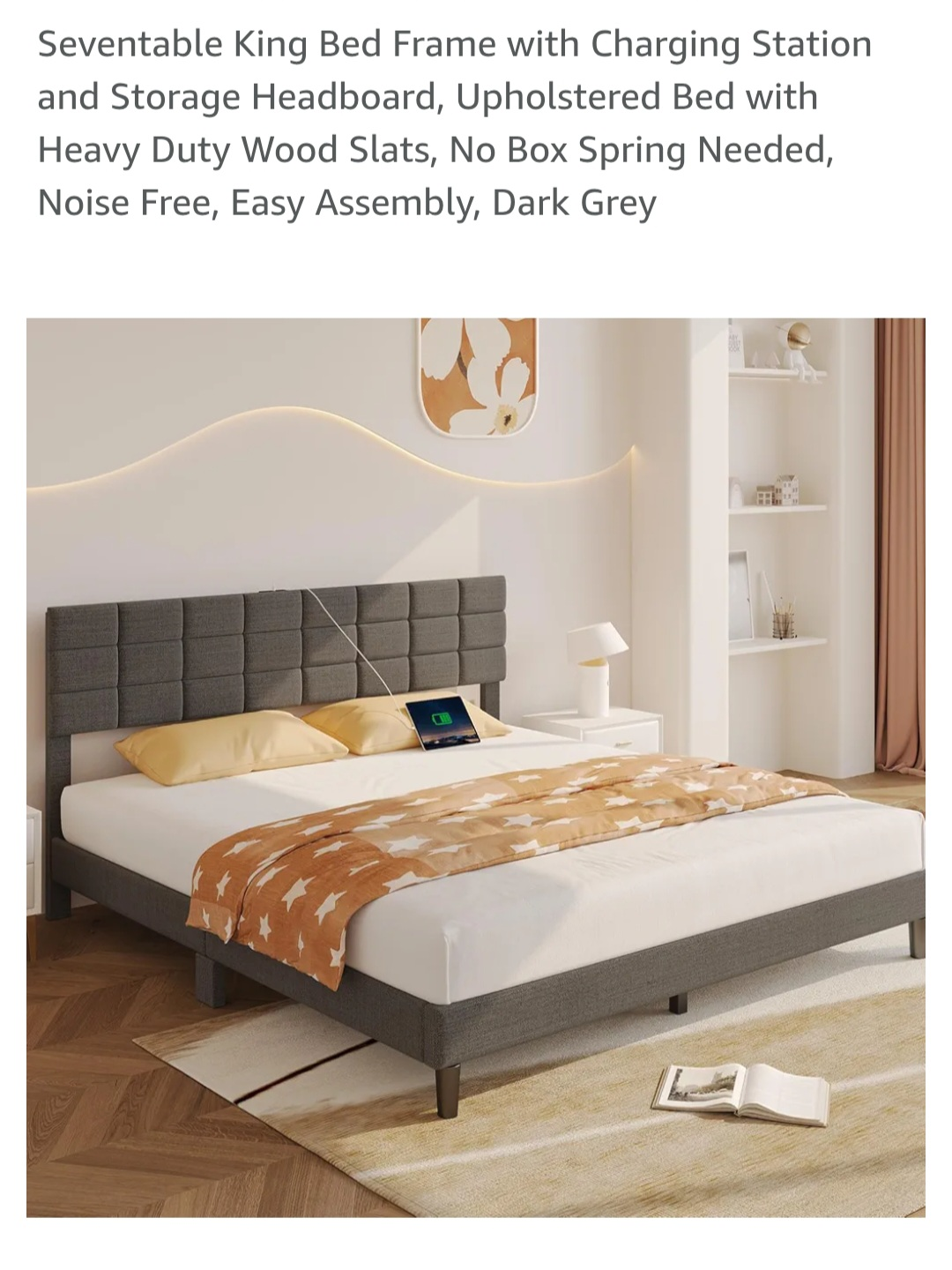 King Size Upholstered Bed Frame with Charging Station