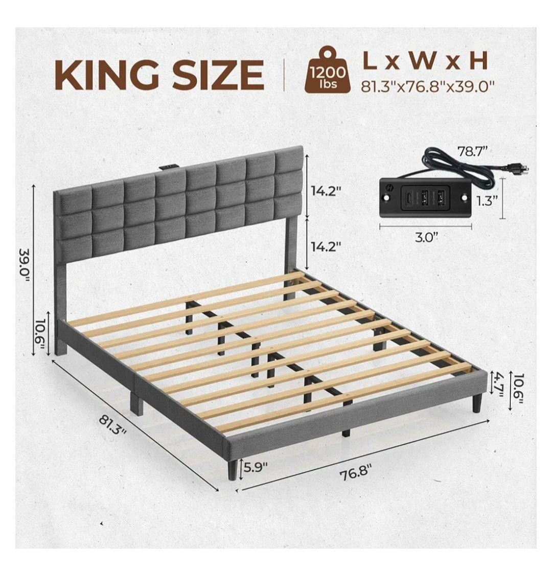 King Size Upholstered Bed Frame with Charging Station - photo 2