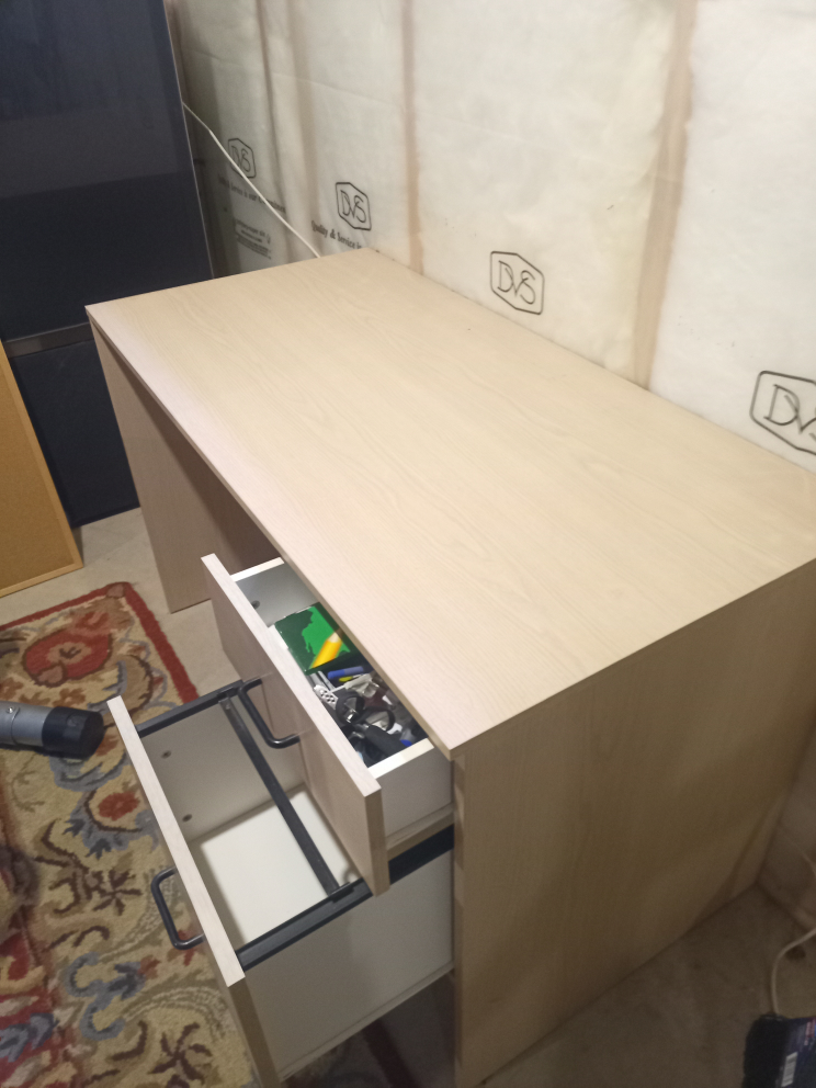 Writing Desk with Two Drawers. Smaller top drawer was damage.