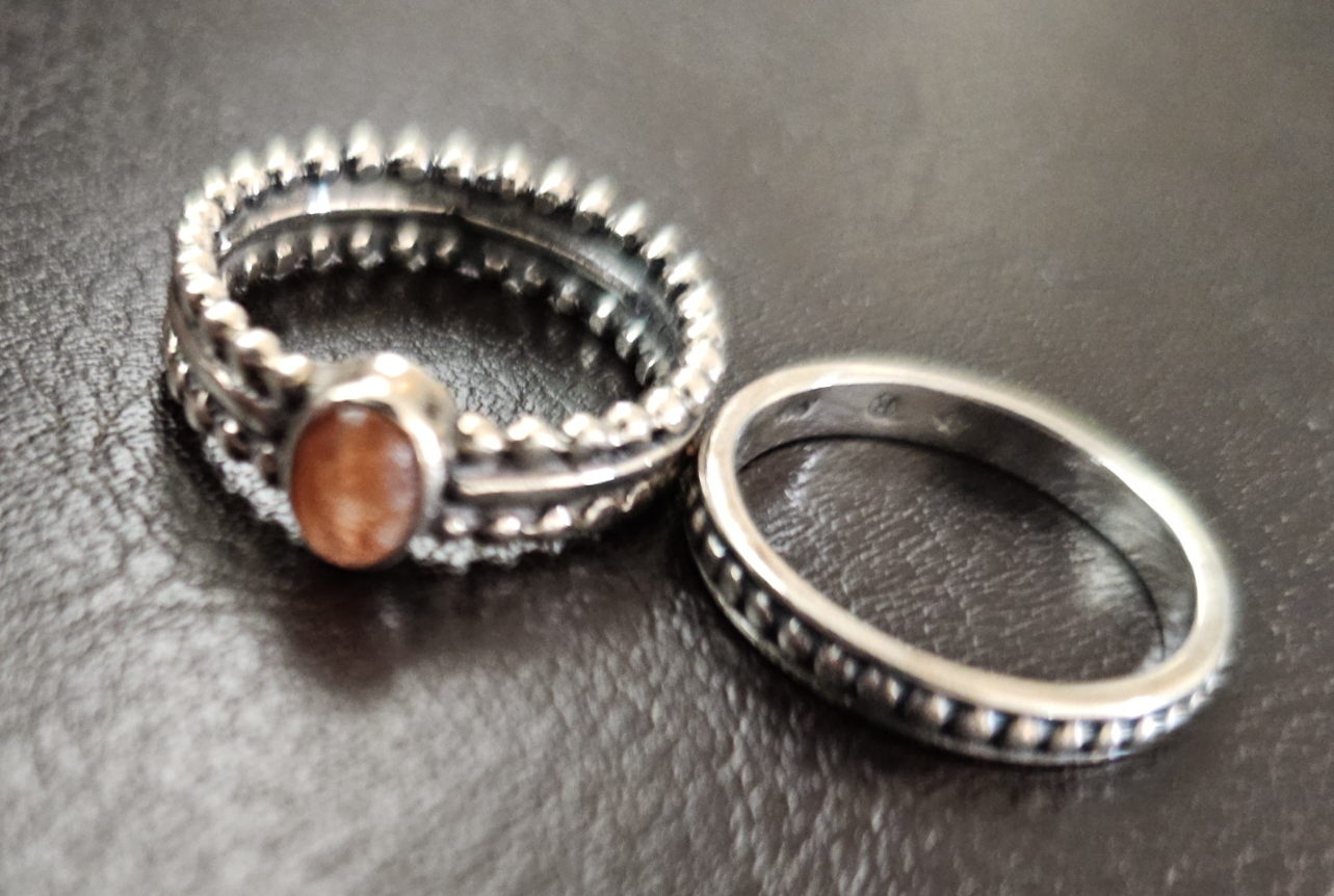 Sunstone Ring Set Sterling Silver Beaded Bands