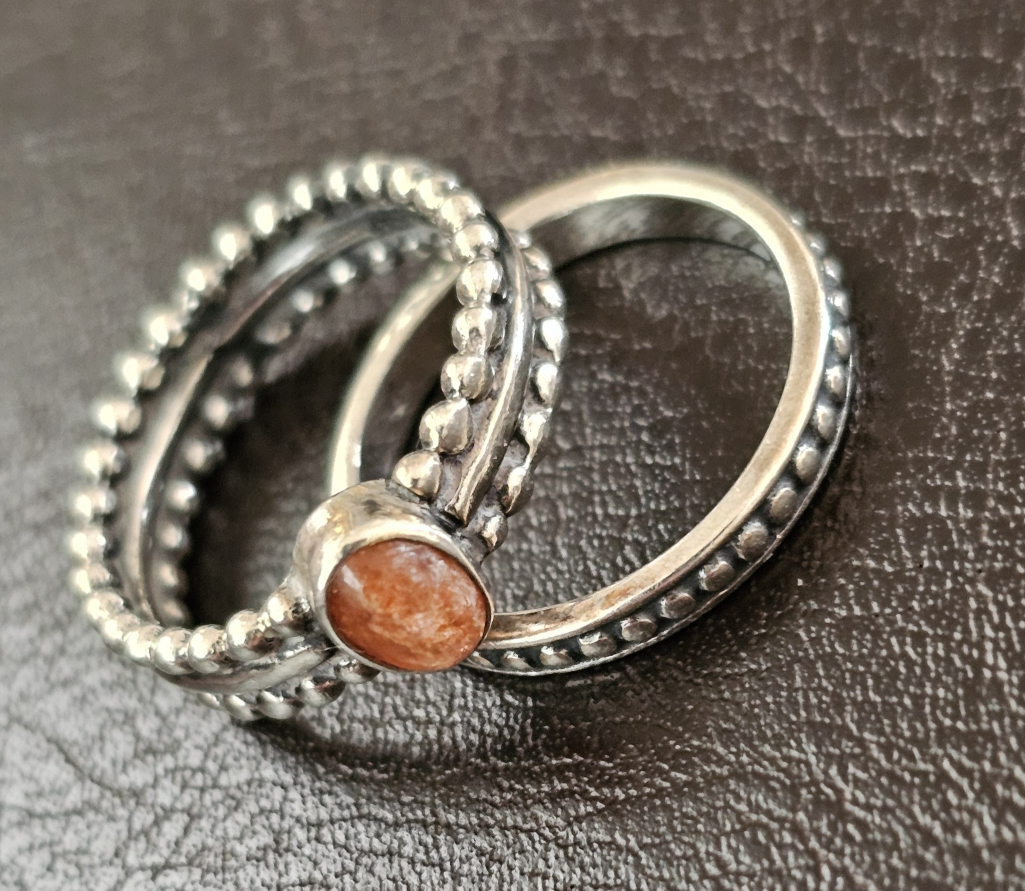Sunstone Ring Set Sterling Silver Beaded Bands - photo 2