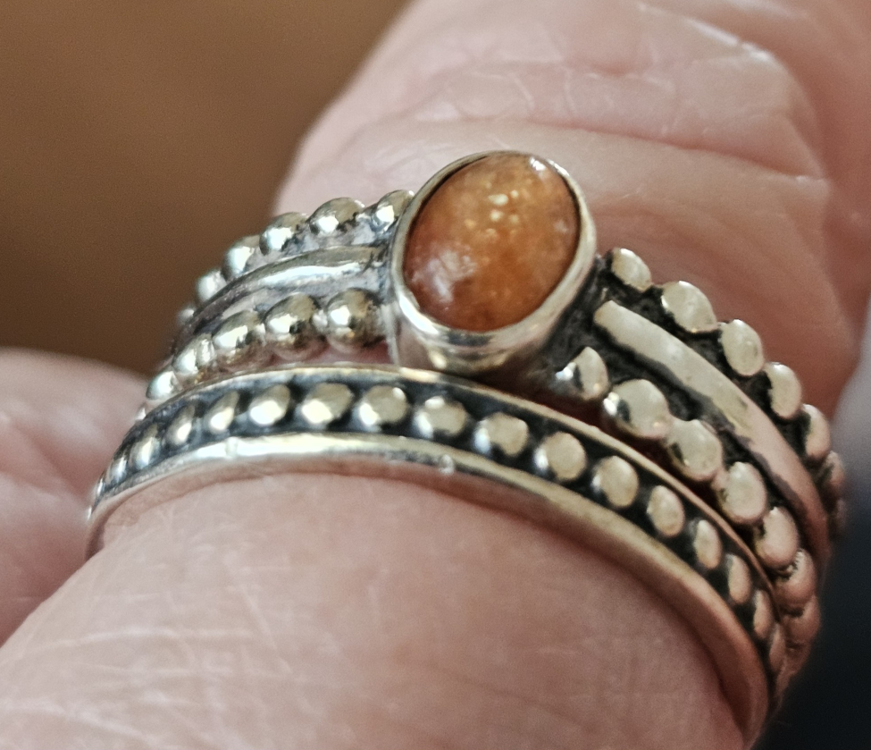 Sunstone Ring Set Sterling Silver Beaded Bands - photo 3