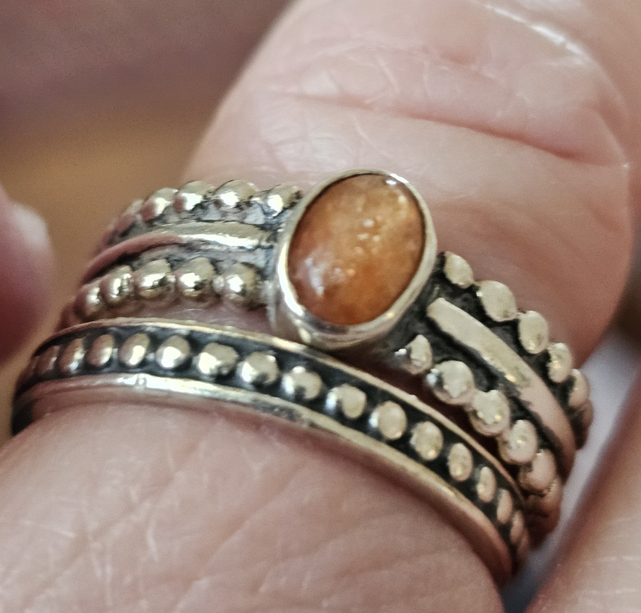 Sunstone Ring Set Sterling Silver Beaded Bands - photo 4