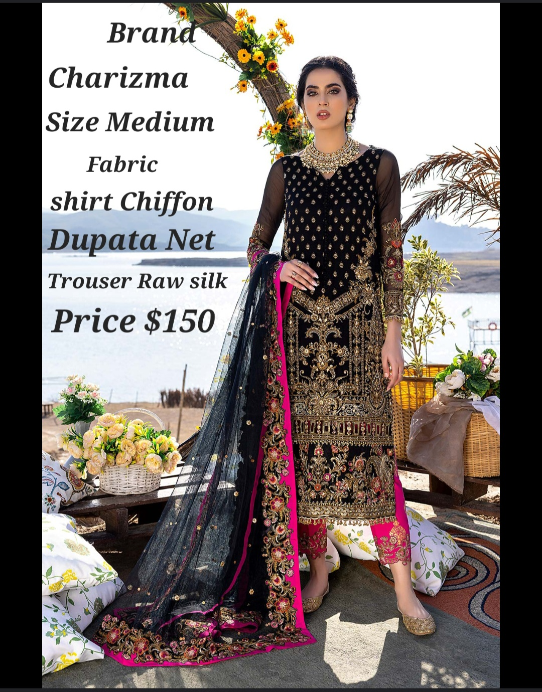 Charizma Black and Gold Embroidered 3-Piece Suit - Medium