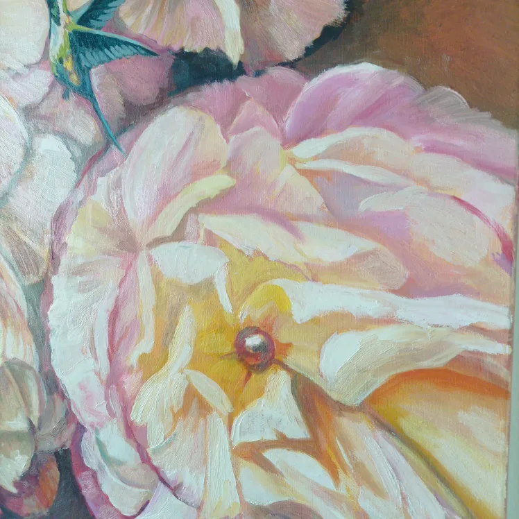Original Oil Painting - Hummingbirds and Peonies image indicator(4)