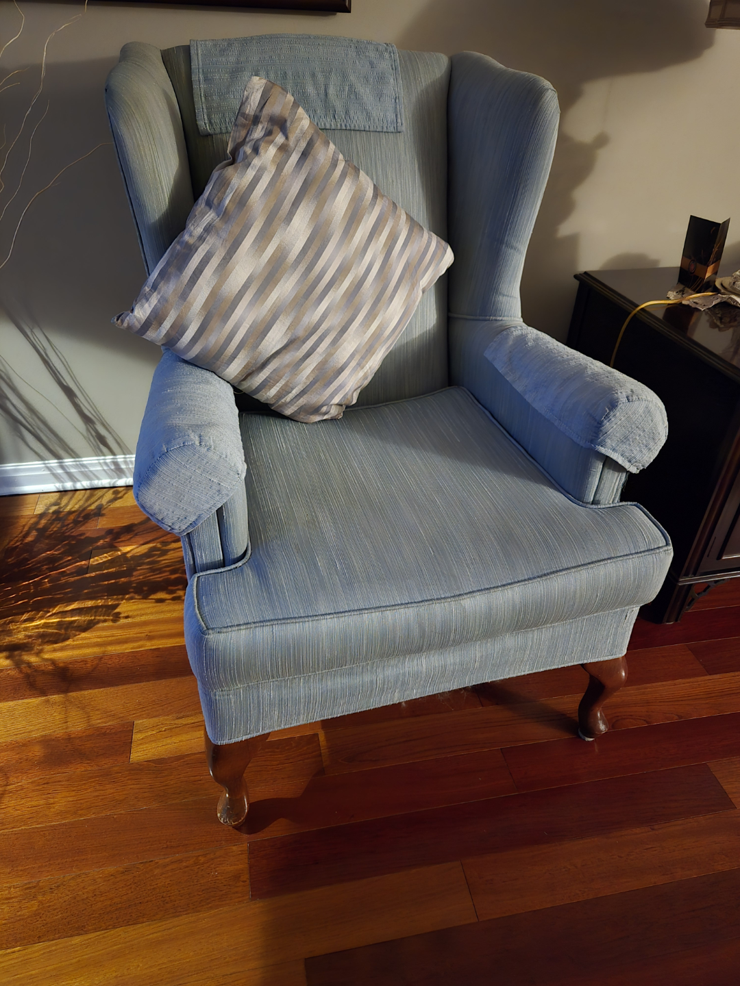 Wingback armchair, light blue fabric
