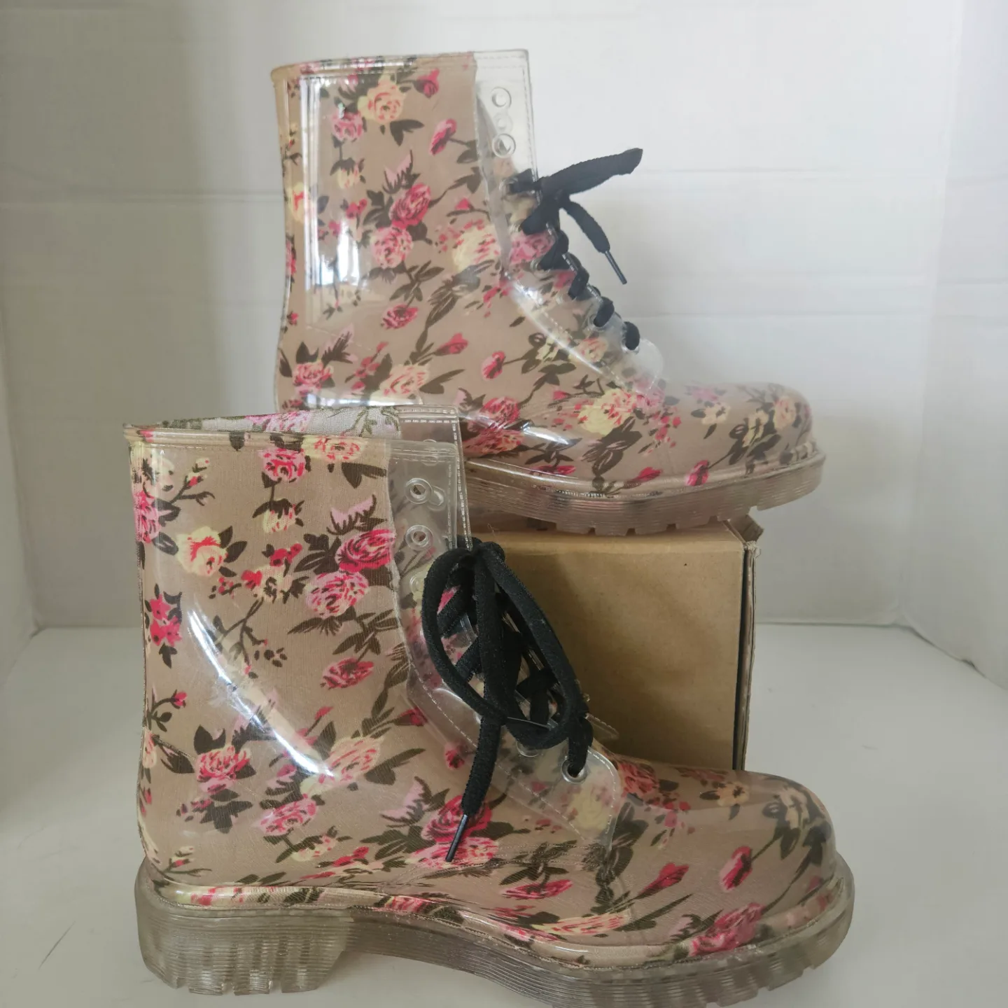 ROCK&CANDY ClearJelly Floral Waterproof Combat Rain Boots 7.5 thumbnail