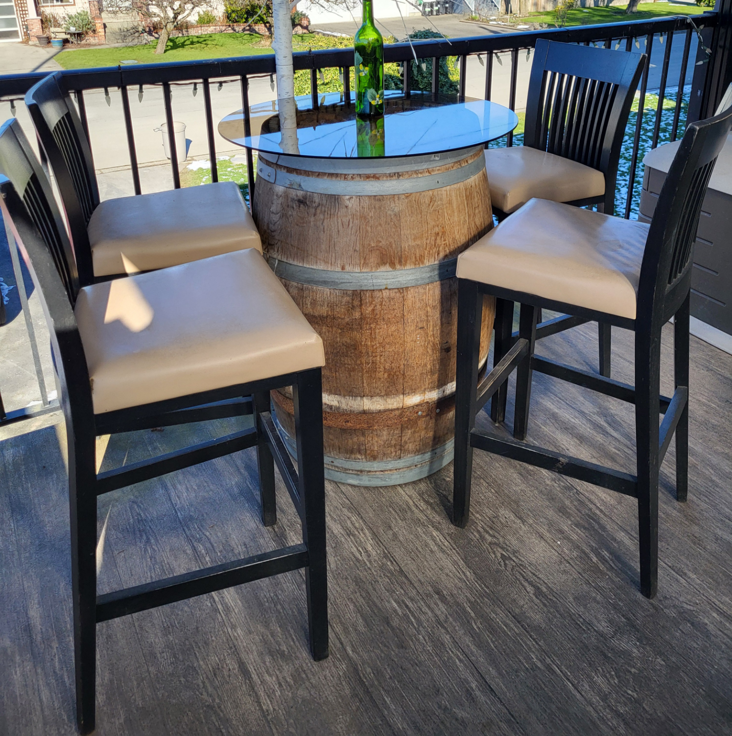 Wine Barrel Patio Set - 4 Stools & Glass Top Table - photo 2