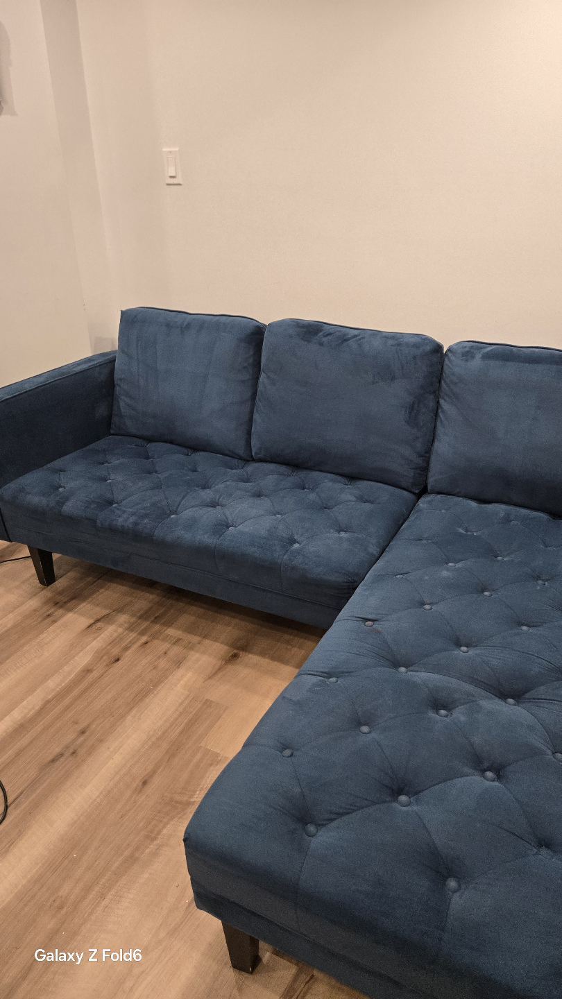 Deep Blue Velvet L-Shaped Sectional Sofa - photo 2