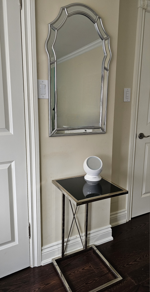 Silver Metal Framed Mirror & Black Glass Side Table Set