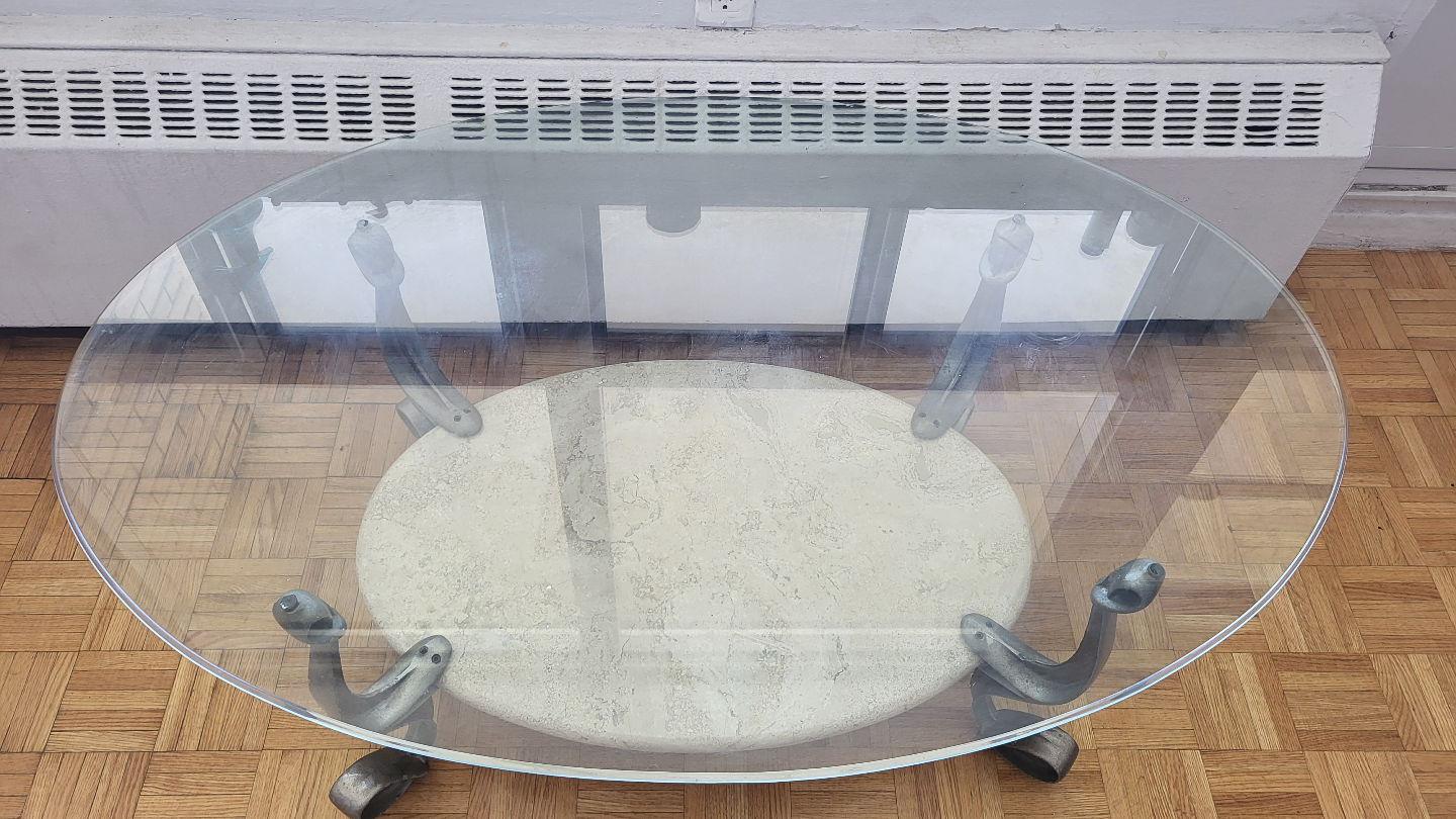 Round Glass Top Coffee Table with Stone Base