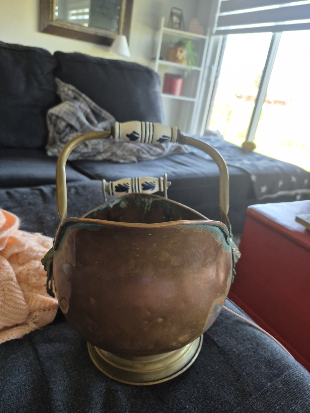 Antique Copper Coal Hod with Brass and Porcelain Accents - photo 2