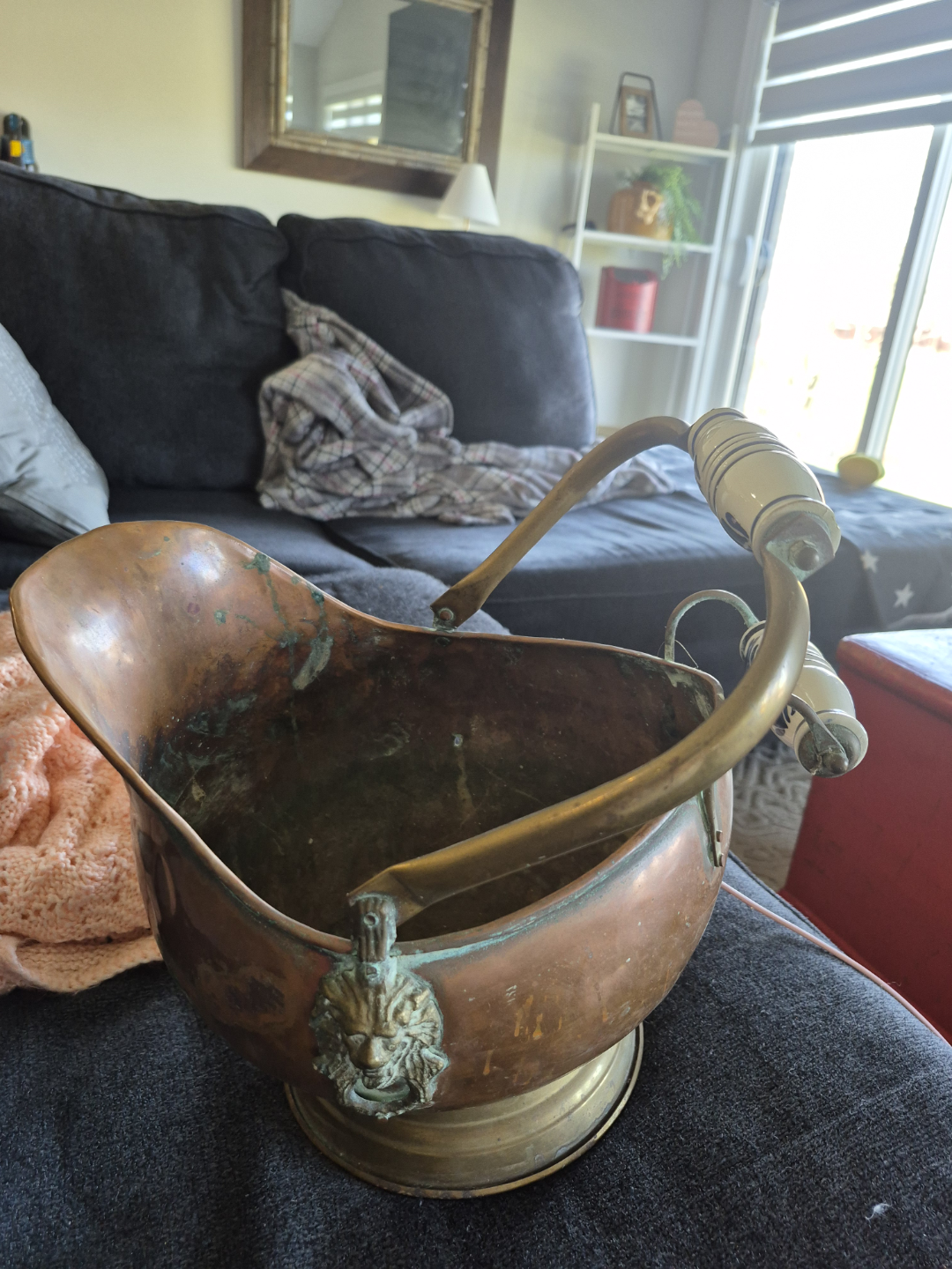 Antique Copper Coal Hod with Brass and Porcelain Accents - photo 3