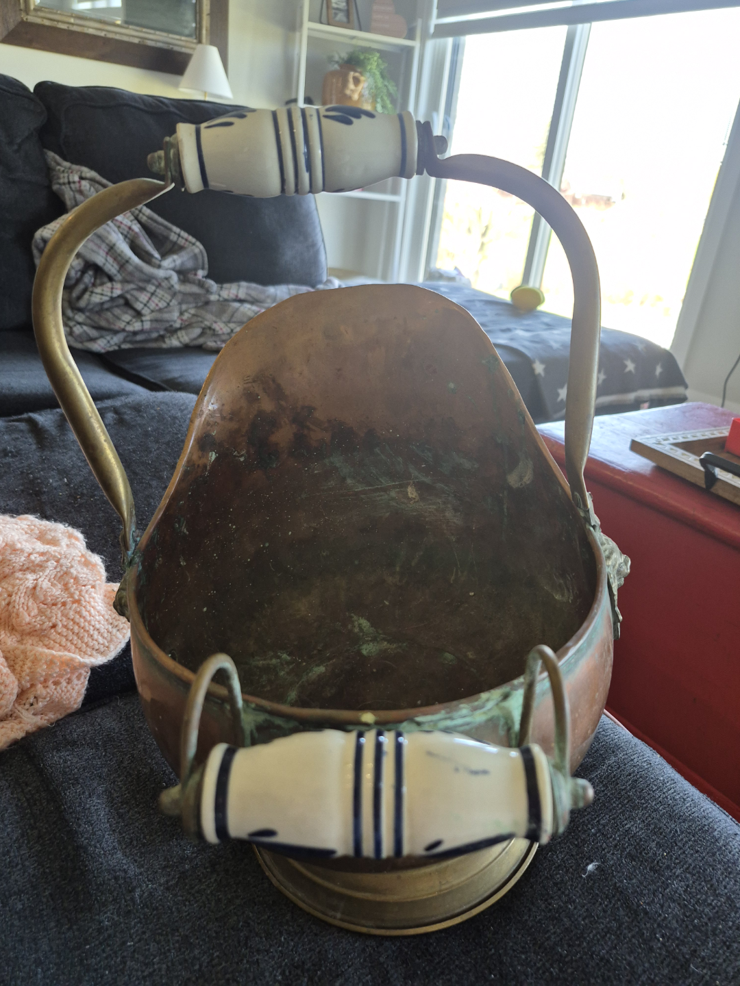 Antique Copper Coal Hod with Brass and Porcelain Accents - photo 4