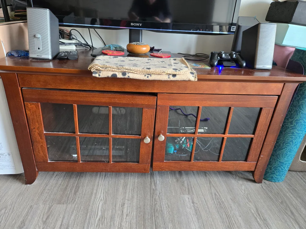 Dark Wood Media Console with Glass Doors thumbnail