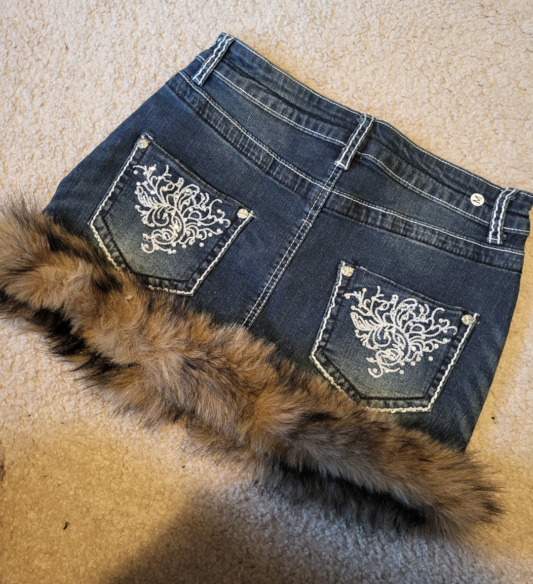 Y2K Miss Me Denim Mini Skirt with Faux Fur Trim