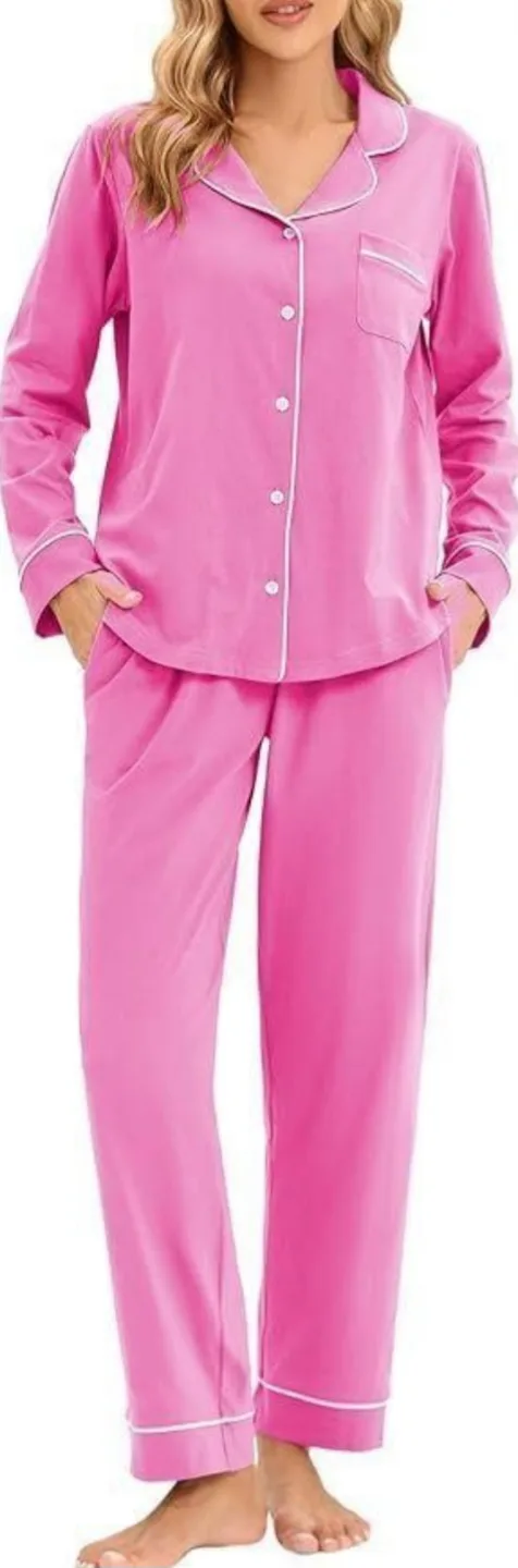 Women's Pink Pajama Set - Long Sleeve Button-Down Top & Pants thumbnail