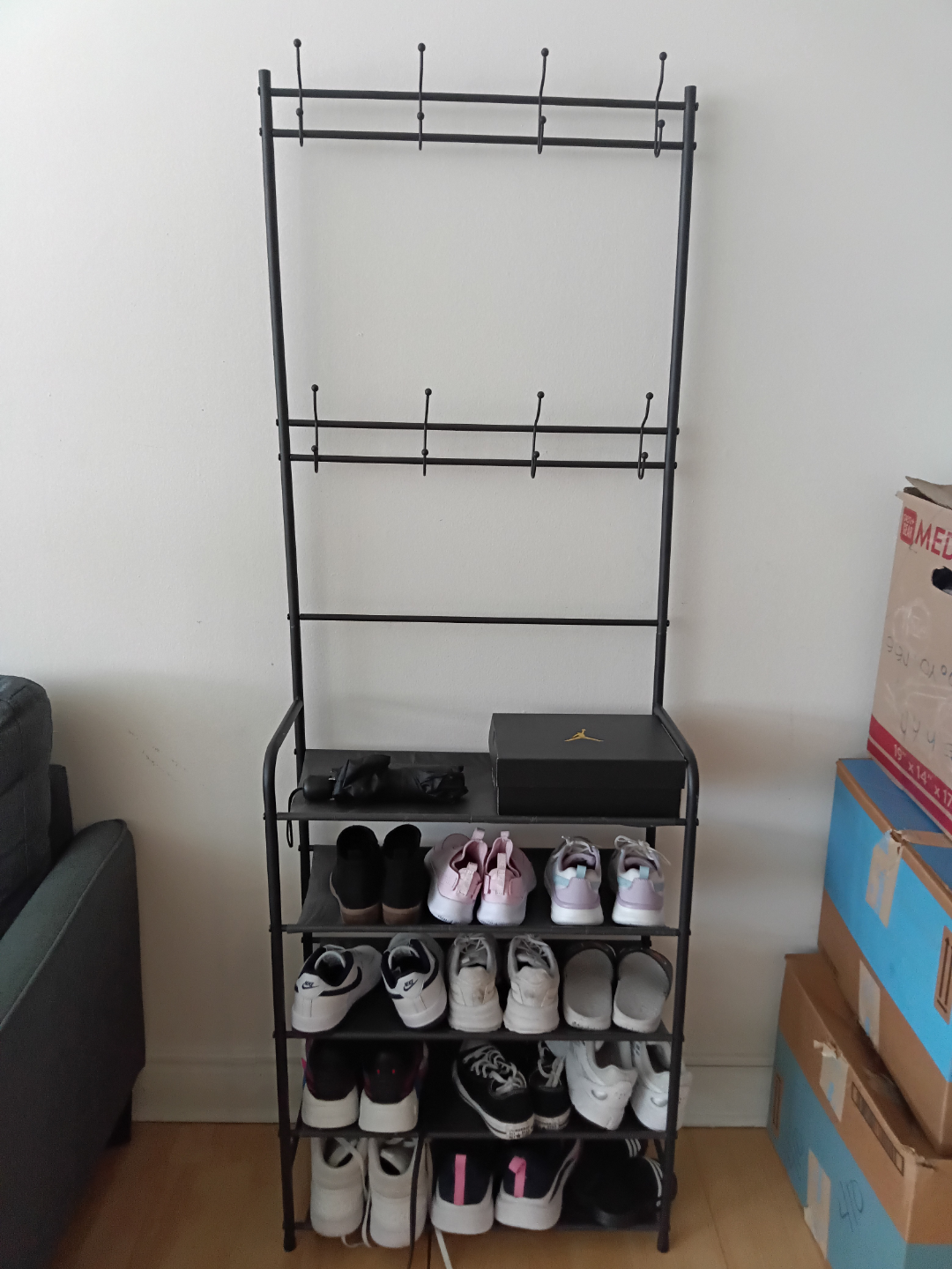 Black Metal Coat Rack with Shoe Rack