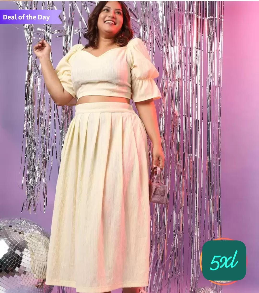 Cream Two-Piece Pleated Midi Skirt Set - Size 5XL
