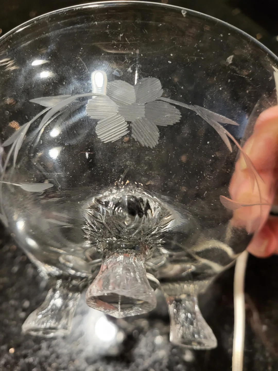 Vintage etched glass footed bowl thumbnail