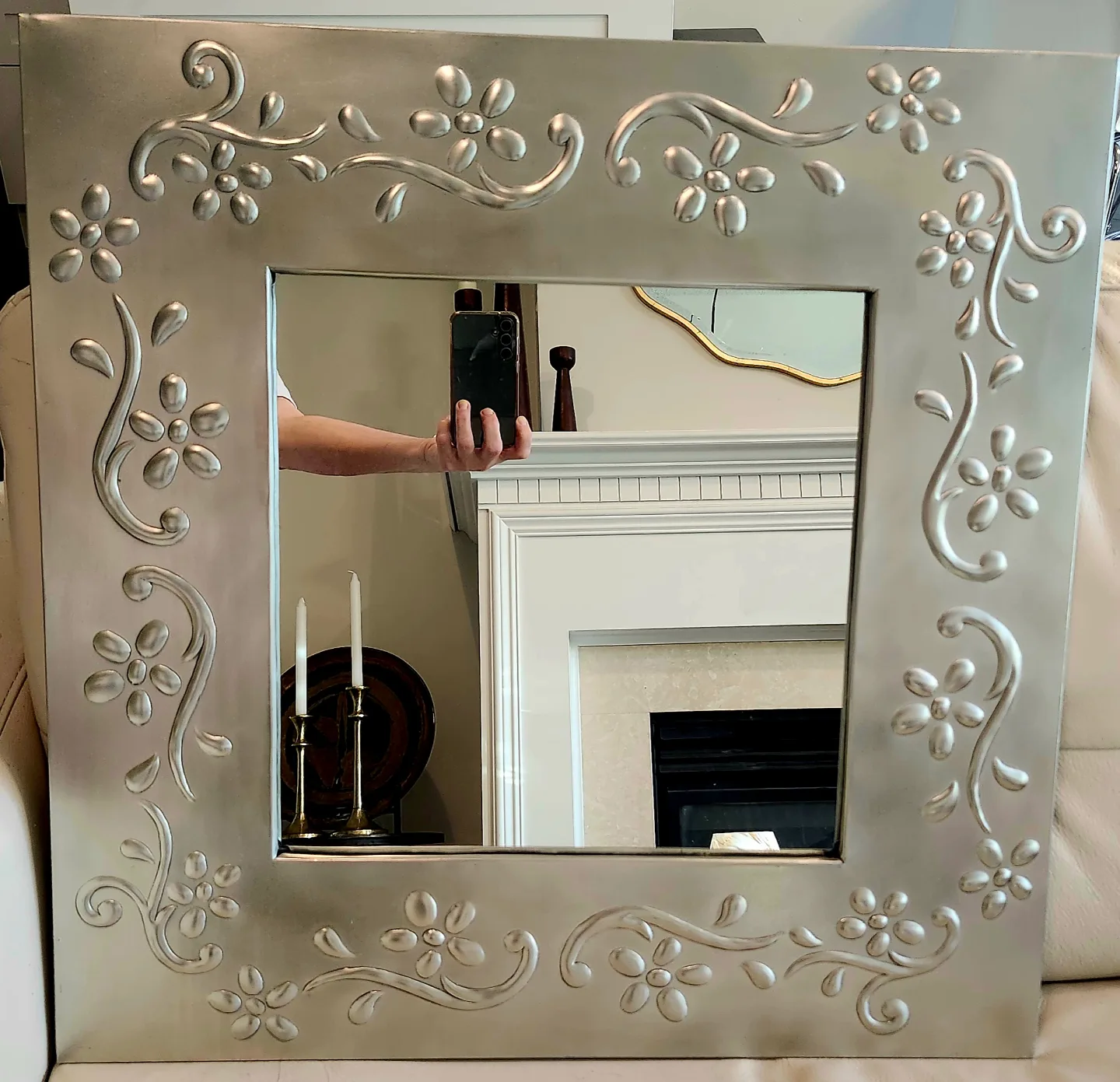 Ornate Silver Metal Wide Frame Mirror thumbnail