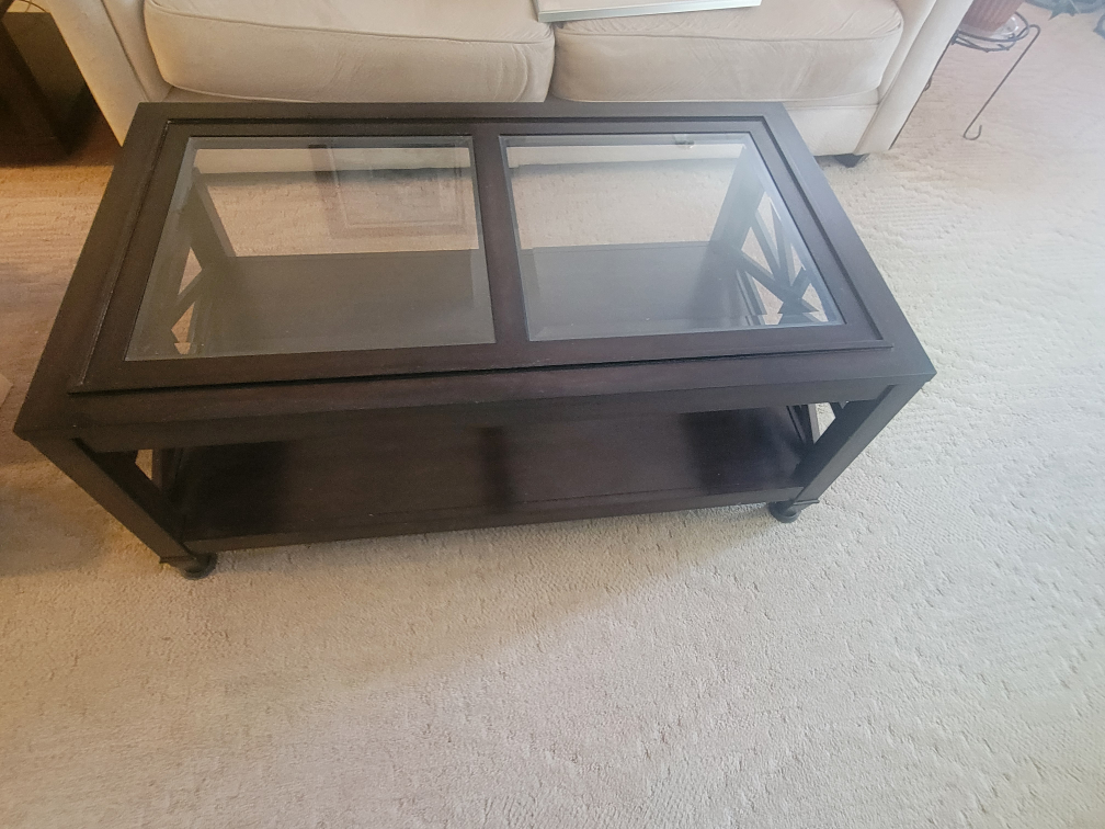 Raymour & Flanigan Brown Wood Coffee Table with Glass Top