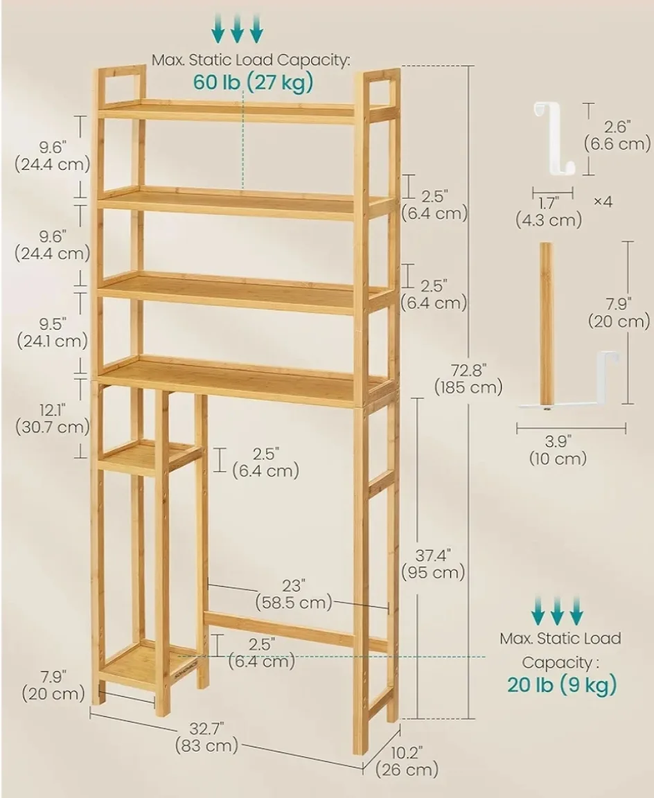 SONGMICS Over Toilet Bathroom Storage Rack - Natural Beige image indicator(2)