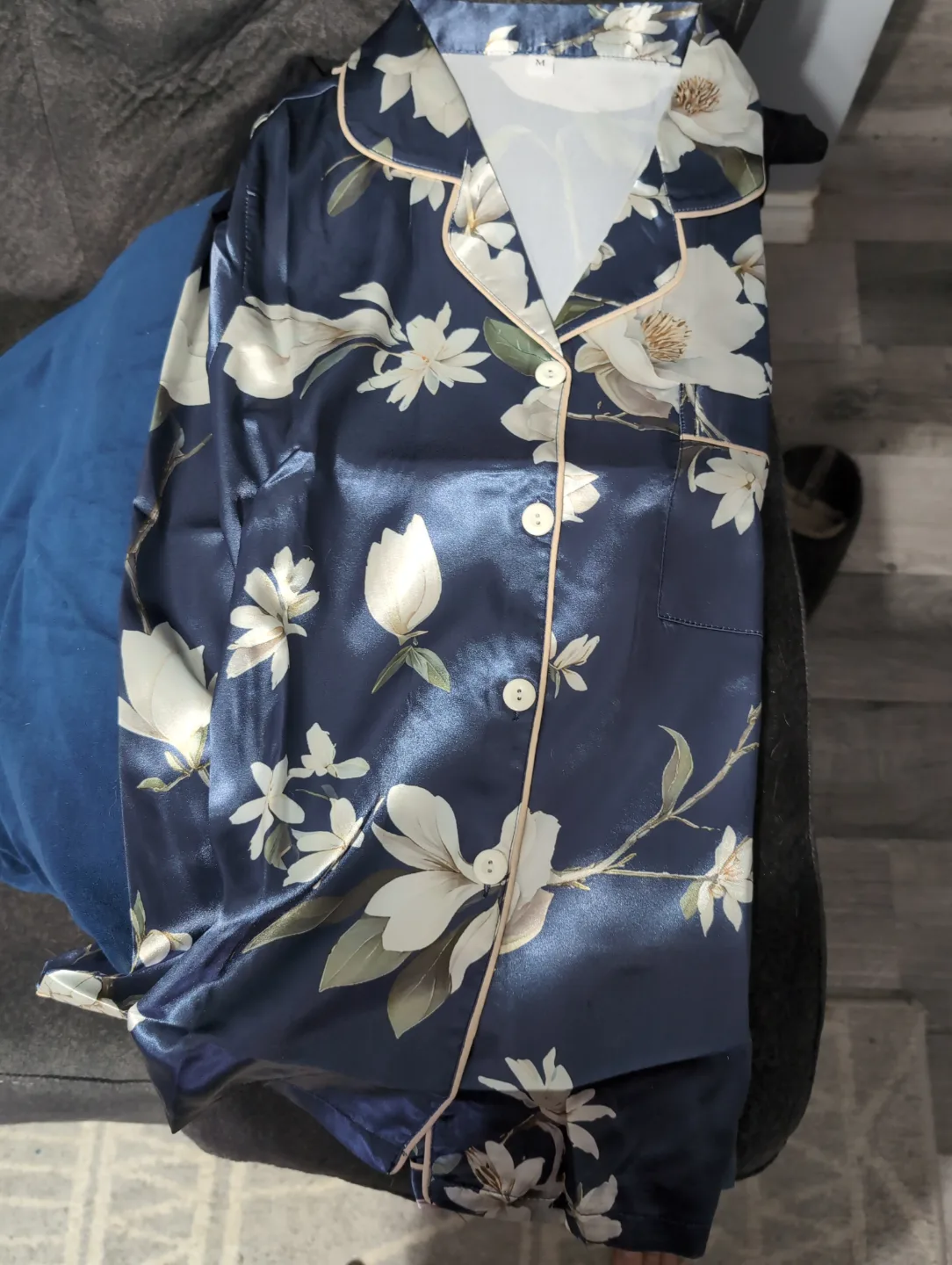 Women's Navy Blue Floral Satin Pajama Set thumbnail