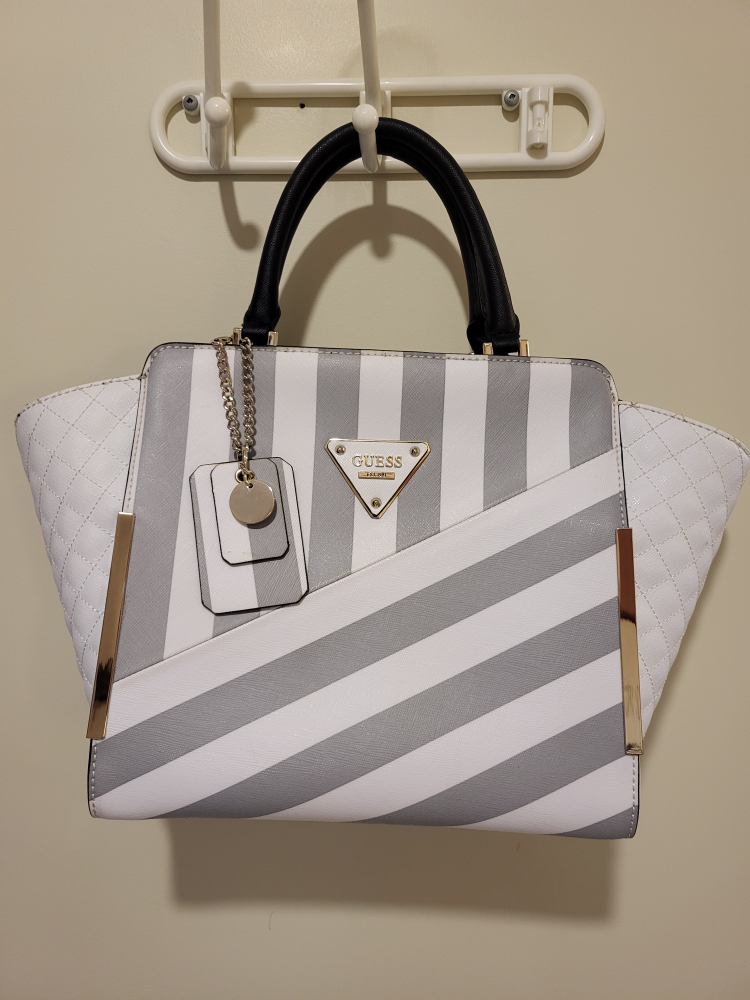Guess handbag satchel striped grey white
