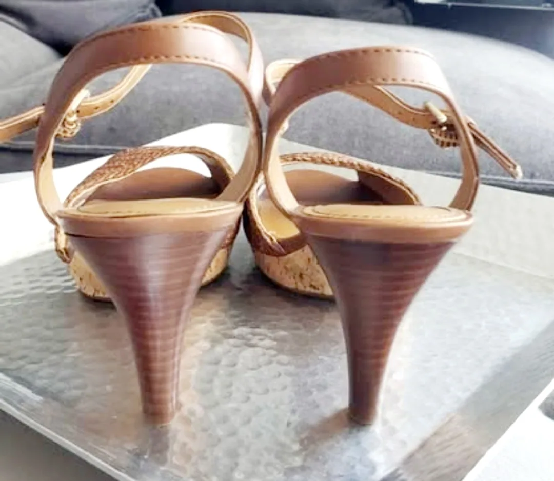 NEW Nine West Brown Woven Peep Toe Heels image indicator(5)