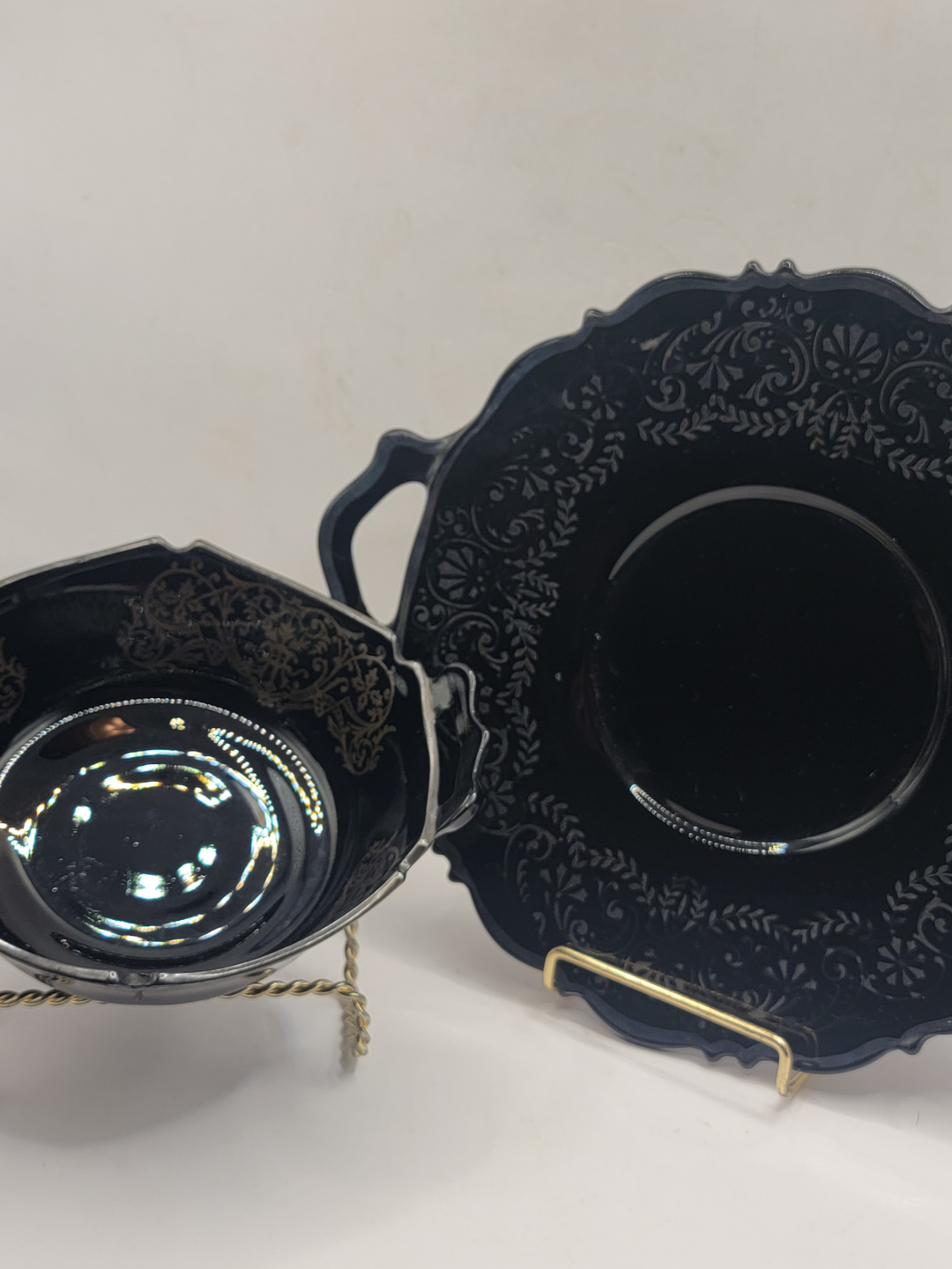 Vintage Black Glass Serving Bowl and Plate Set