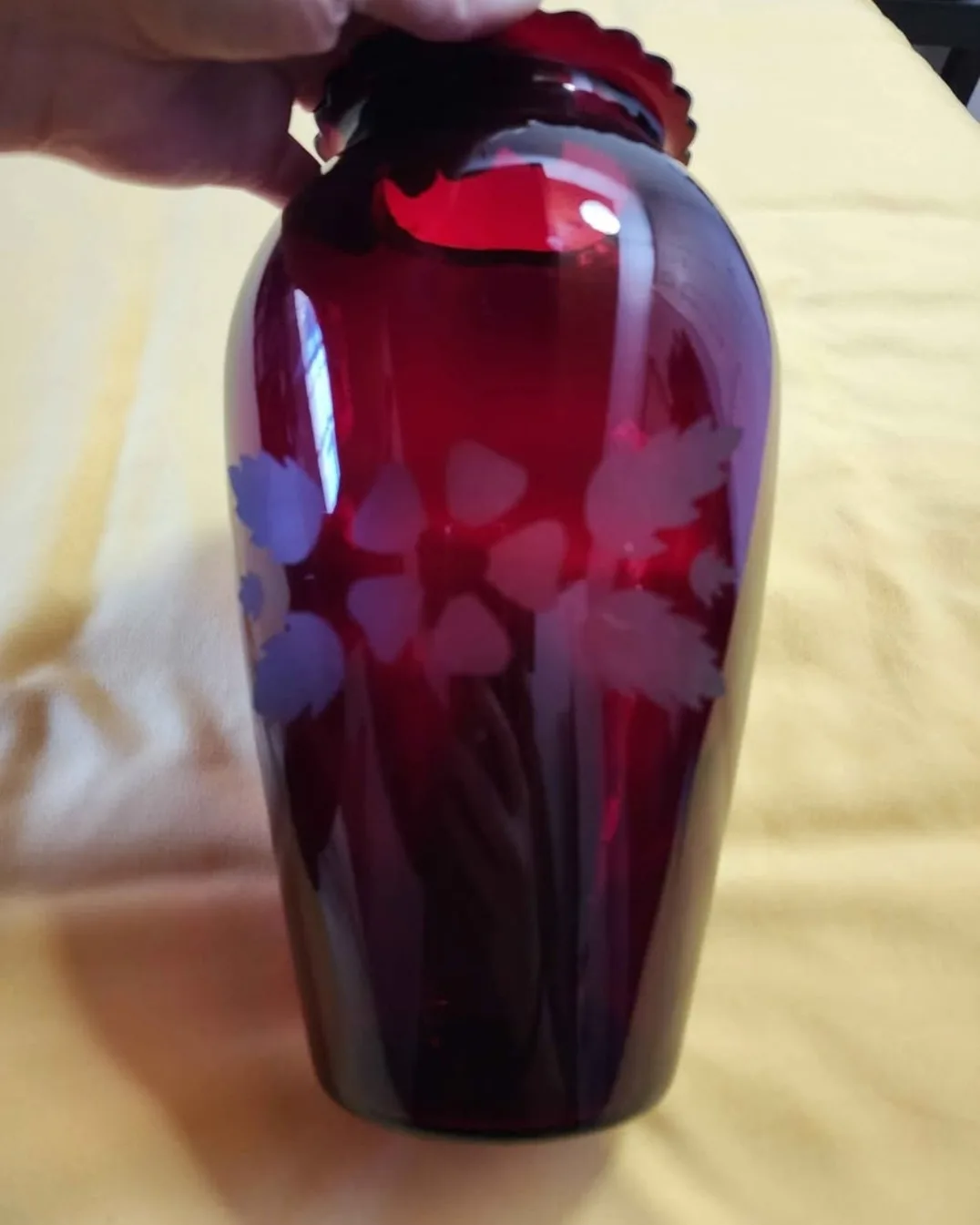 Pair of Vintage Ruby Red glass vases with etched floral design image indicator(5)
