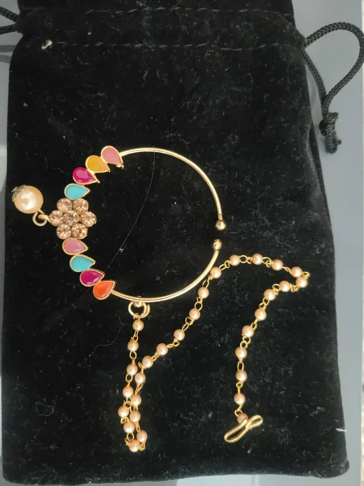Beautiful Gold-Tone Nose Ring with Pearl and Coloured Stones image indicator(2)
